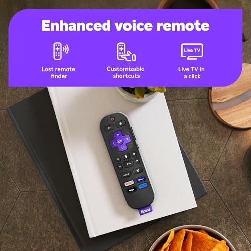 Roku enhanced voice remote with features and snacks.