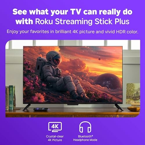 TV displaying vibrant space scene with Roku Streaming Stick Plus promotion