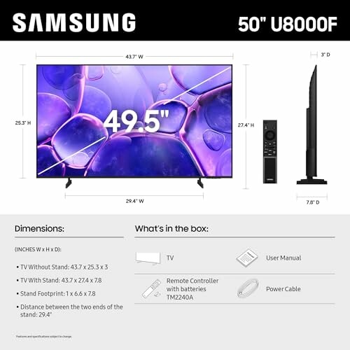 Samsung 50 inch U8000F TV with dimensions and box contents
