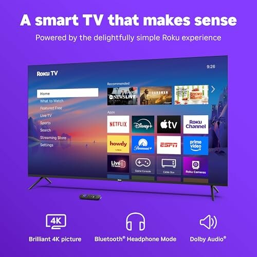 Smart TV with Roku interface displaying streaming apps.