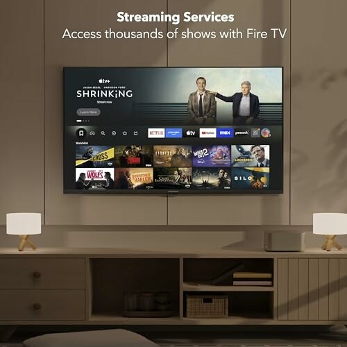 TV displaying streaming services interface in a cozy living room.