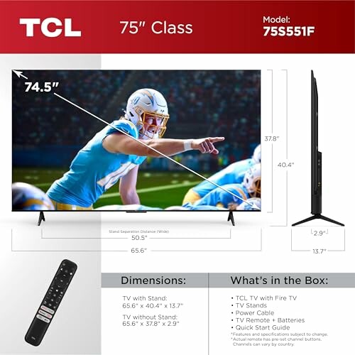 TCL 75 inch TV model 75S551F specifications and features.