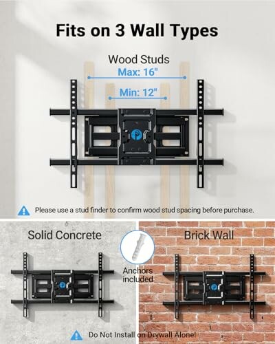 TV wall mount compatibility with wood studs, concrete, and brick walls.