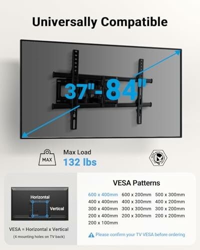Universally compatible TV wall mount for 37 to 84 inches, max load 132 lbs, with various VESA patterns.